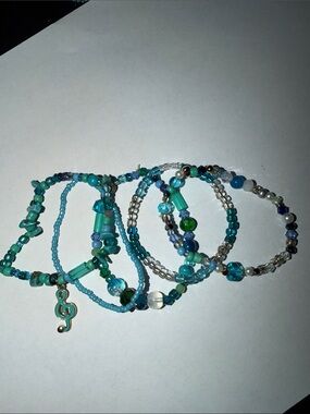 Turquoise & Aqua Beaded Stretch Bracelet Set with Treble Clef Charm